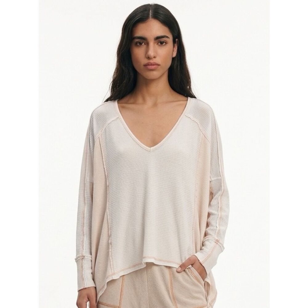 FREE PEOPLE | Thermal Long Sleeve Oversize Top Cream Orange Stitching Women’s XS
